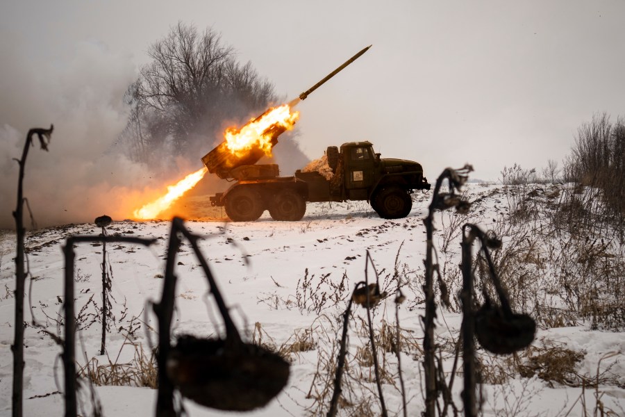 The Ukrainian military fires from a multiple rocket launcher