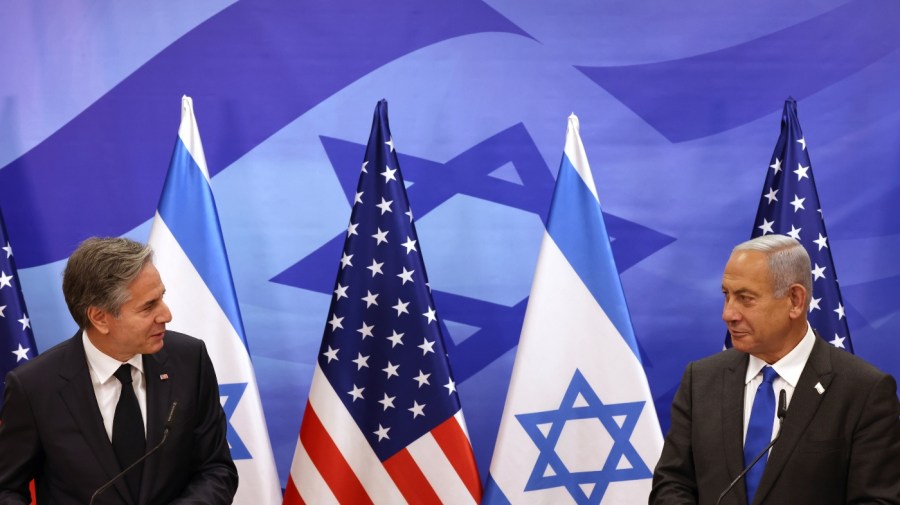 U.S. Secretary of State Antony Blinken, left, and Israeli Prime Minister Benjamin Netanyahu give a joint press conference, on Monday, Jan. 30, 2023 in Jerusalem. (Ronaldo Schemidt/Pool via AP)