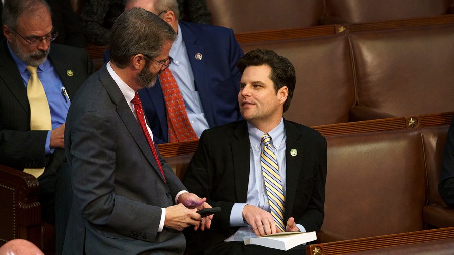 Rep. Tim Burchett (R-Tenn.) speaks with Rep. Matt Gaetz (R-Fla.)