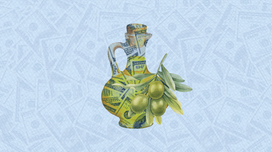 Photo illustration of an olive oil bottle and olive oil branch; the bottle has a US $100 bill overlay. Background is a light blue with a very faint overlay of patterned $100 US bills