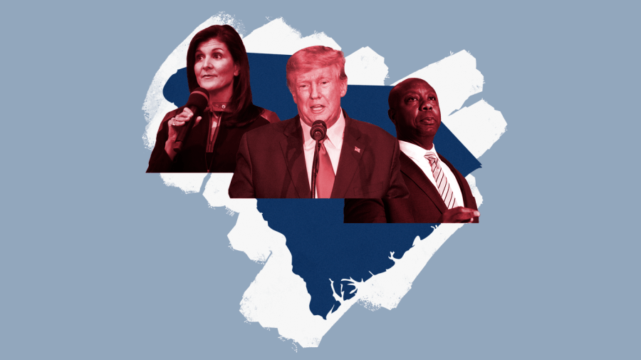 Photo illustration of, from left to right, Nikki Haley, Donald Trump and Tim Scott in varying tones of red on a blue South Carolina with white paint marks behind the state on a light blue background.