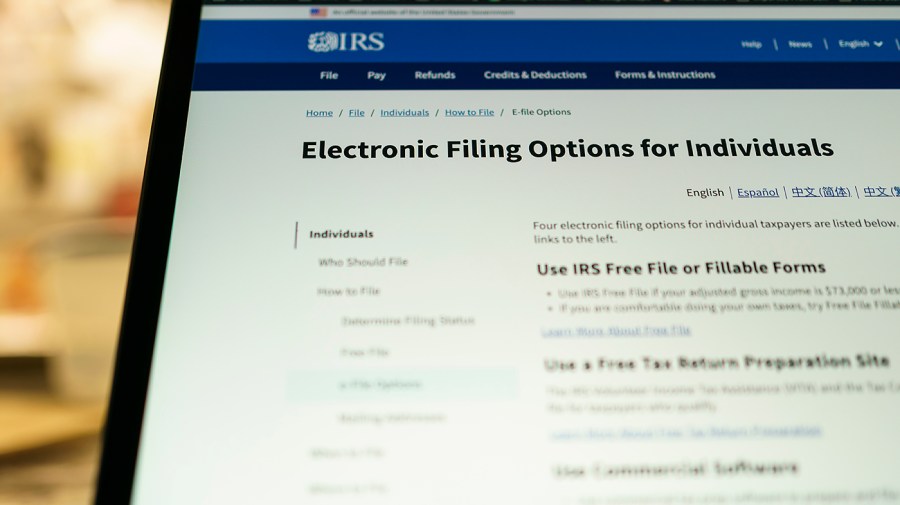 A irs.gov webpage for electronically filing for taxes is arranged for a photograph on Tuesday, February 21, 2023.