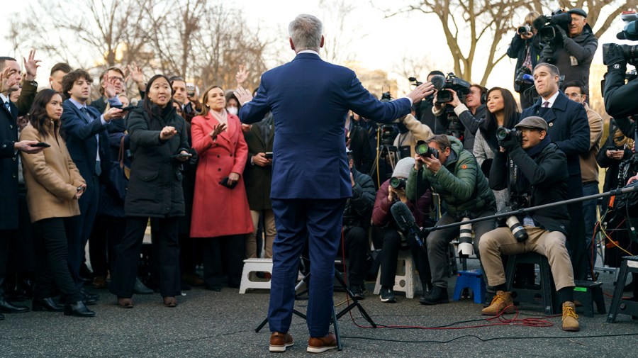 Speaker Kevin McCarthy (R-Calif.) speaks to reporters