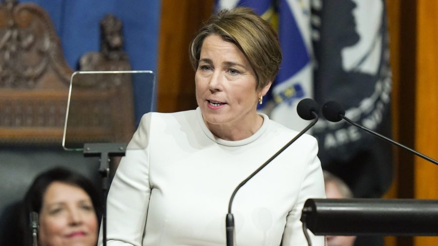 Massachusetts Governor Maura Healey delivers her inaugural address at the Statehouse after being sworn into office.