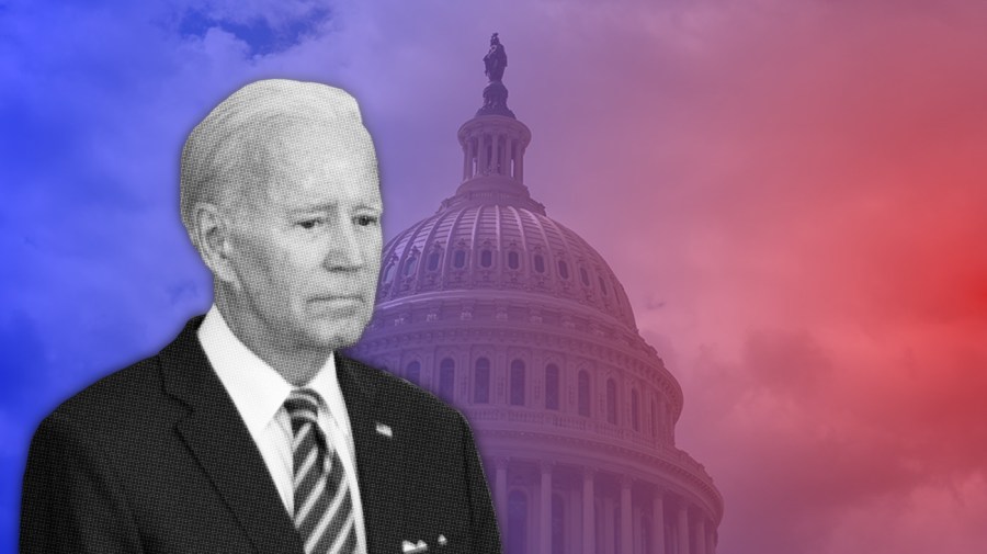 President Biden is seen in black and white in front of the Capitol, which is red and blue