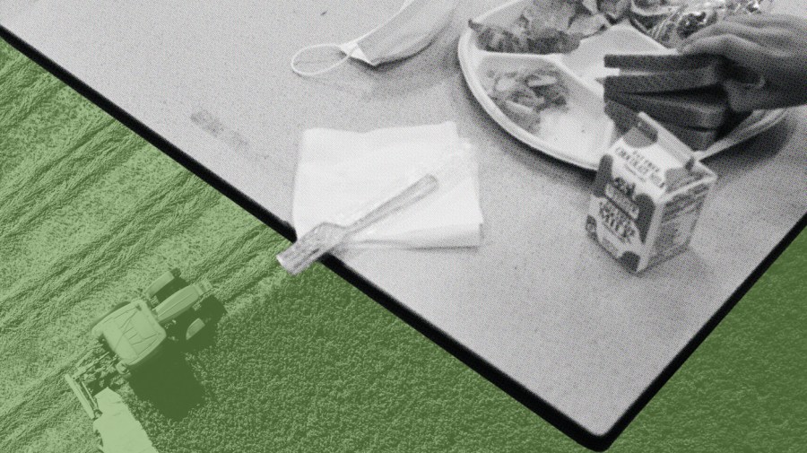 In the foreground is a black and white view of a school lunch table with a plate and food. In the background is an image of a tractor working in a field, tinted green