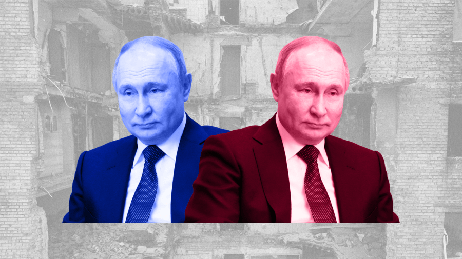 Photo illustration of a dual red and blue-toned Vladimir Putin, center, on top of a faded black and white background of a destroyed building in Ukraine.