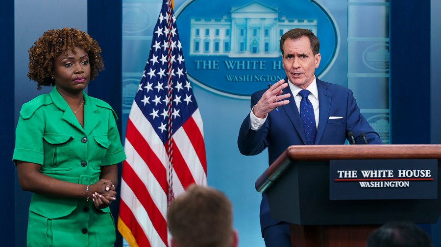 National Security Council spokesman John Kirby addresses reporters alongside White House press secretary Karine Jean-Pierre