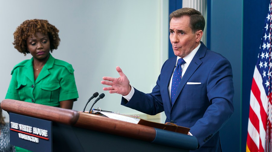 National Security Council spokesman John Kirby addresses reporters alongside White House press secretary Karine Jean-Pierre