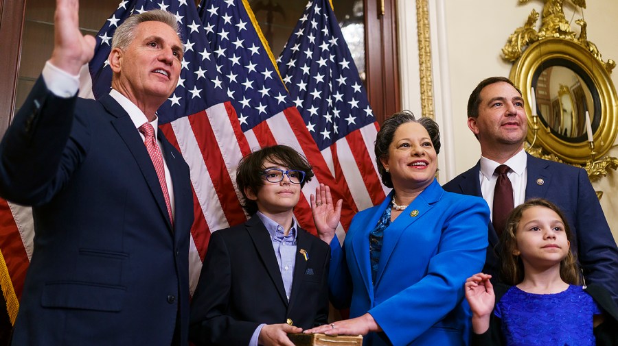 Rep. Jennifer McClellan (D-Va.) participates in a ceremonial swearing in with Speaker Kevin McCarthy (D-Calif.)