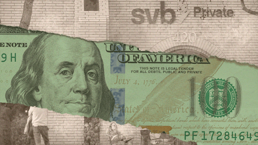 Photo illustration of customers outside of a Silicon Valley Bank location, sepia-toned, with a close-up of a torn $100 bill stretching across the middle of the image.