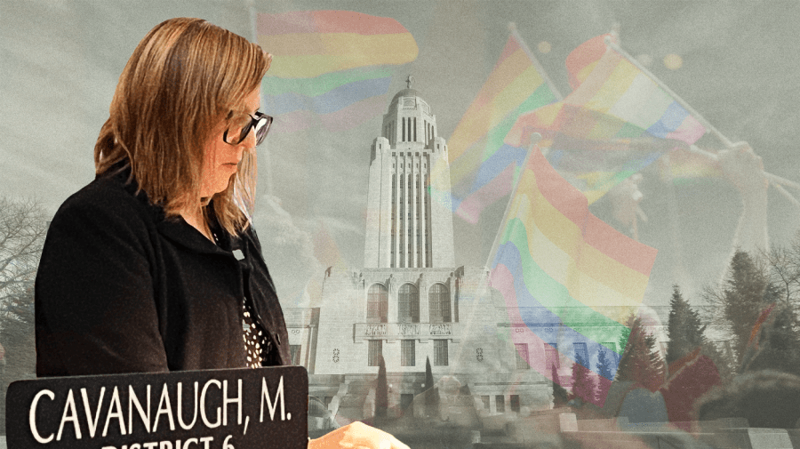 Photo illustration of state Sen. Machaela Cavanaugh on a textured photo of the Nebraska state capitol building with an overlay of a pride march in the background.