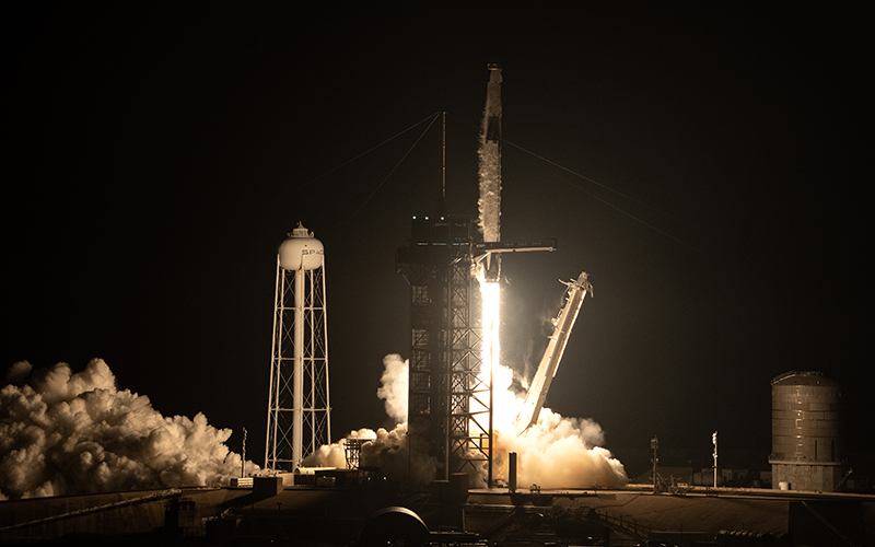 A SpaceX Falcon 9 rocket with Crew-6 Dragon capsule atop launches