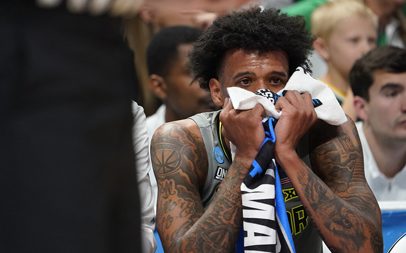 Baylor forward Jalen Bridges sits on the bench late in the second half of the team's second-round college basketball game against Creighton