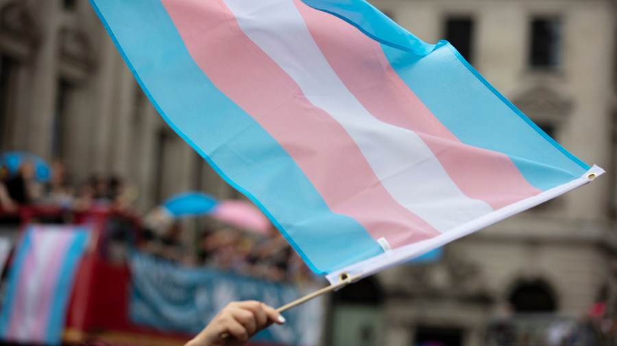 A transgender flag being waved at LGBTQ gay pride march.