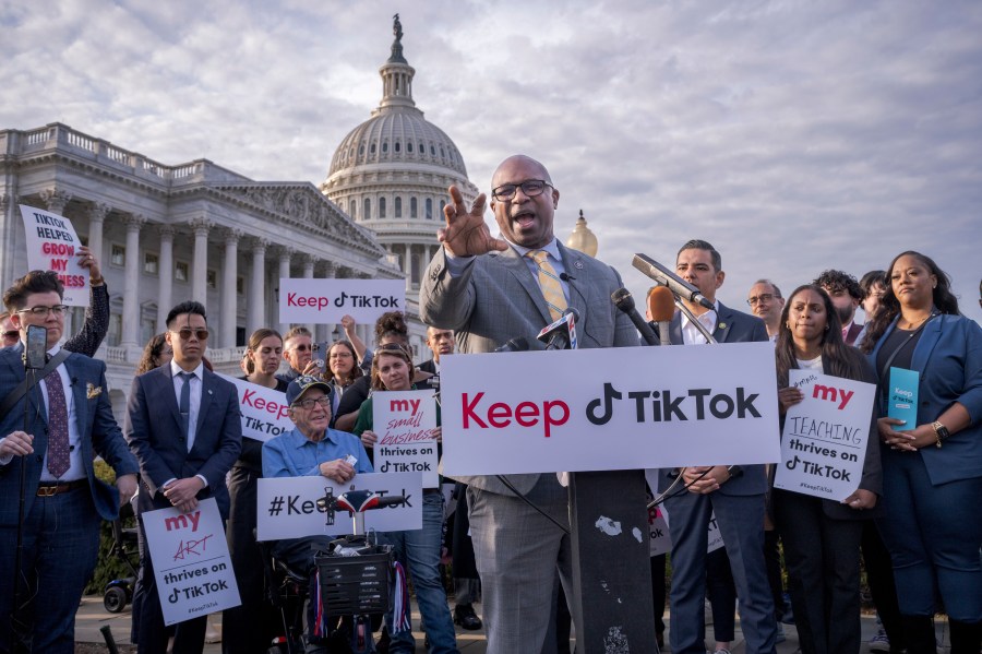 FILE - Rep. Jamaal Bowman, D-N.Y., joined by the popular app's supporters, leads a rally to defend TikTok at the Capitol in Washington, Wednesday, March 22, 2023. Bowman, D-N.Y., who has more than 180,000 followers on the app, held a news conference with TikTok influencers before a House hearing with TikTok CEO Shou Zi Chewg. Bowman accused Republicans of pushing a ban on TikTok for political reasons. (AP Photo/J. Scott Applewhite, File)