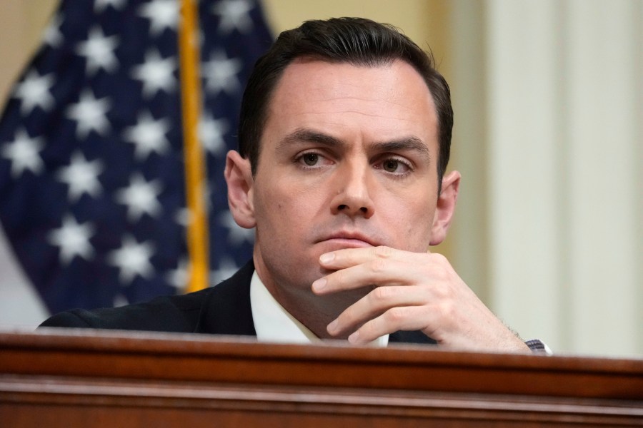 FILE - Chairman Rep. Mike Gallagher, R-Wis., listens during a hearing of a special House committee dedicated to countering China, on Capitol Hill, Tuesday, Feb. 28, 2023, in Washington. Gallagher, chairman of the House Select Committee on China said Saturday, April 8, that the U.S. must take seriously the threat posed to Taiwan, as Beijing launched military drills around the island in the aftermath of the Taiwanese president's meetings with American lawmakers. (AP Photo/Alex Brandon, File)