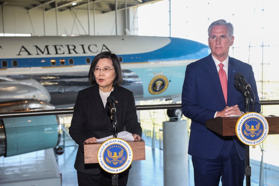 FILE - House Speaker Kevin McCarthy, R-Calif., right, and Taiwanese President Tsai Ing-wen deliver statements to the press after a Bipartisan Leadership Meeting at the Ronald Reagan Presidential Library in Simi Valley, Calif., Wednesday, April 5, 2023. China’s military sent several dozen warplanes and 11 warships toward Taiwan in a display of force directed at the self-ruled island, Taiwan’s Defense Ministry said Monday, April 10, after China launched large-scale military drills in retaliation for a meeting between the U.S. House of Representatives speaker and Taiwan's President. (AP Photo/Ringo H.W. Chiu, File)