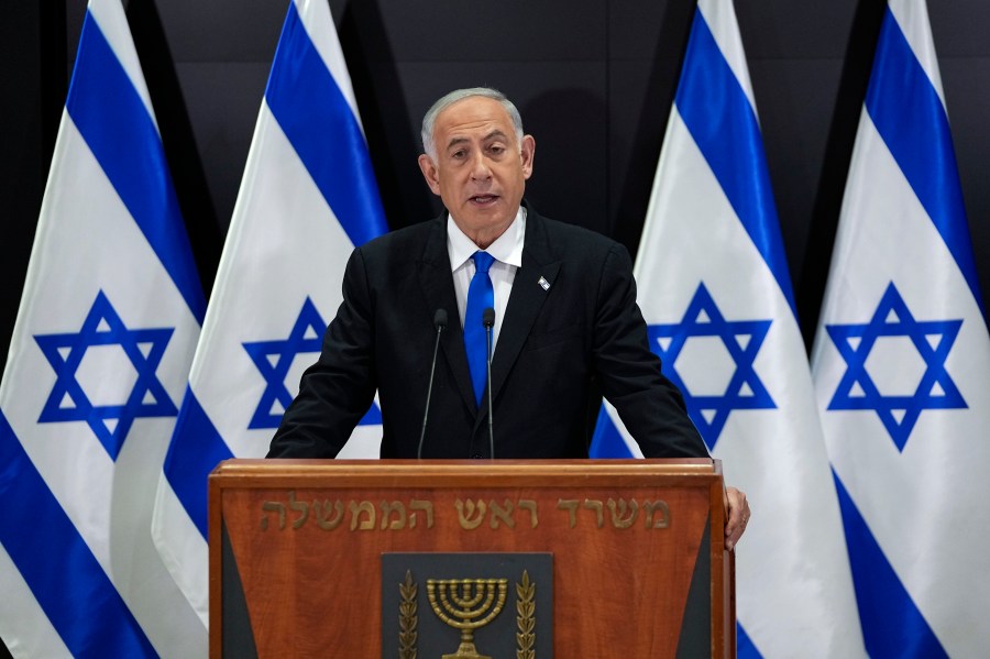 Israeli Prime Minister Benjamin Netanyahu speaks to the media during a press conference, in Tel Aviv, Israel, Monday, April 10, 2023. (AP Photo/Ohad Zwigenberg)