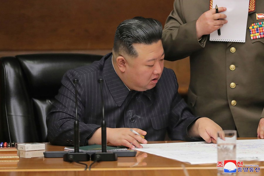 In this photo provided by the North Korean government, North Korean leader Kim Jong Un attends a meeting of the ruling Workers’ Party’s Central Military Commission at its headquarters in Pyongyang, North Korea Monday, April 10, 2023. Independent journalists were not given access to cover the event depicted in this image distributed by the North Korean government. The content of this image is as provided and cannot be independently verified. Korean language watermark on image as provided by source reads: "KCNA" which is the abbreviation for Korean Central News Agency. (Korean Central News Agency/Korea News Service via AP)