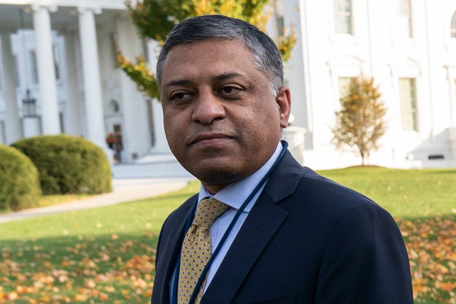 FILE - Dr. Rahul Gupta, the director of the White House Office of National Drug Control Policy, walks outside of the White House, Nov. 18, 2021, in Washington. (AP Photo/Alex Brandon, File)