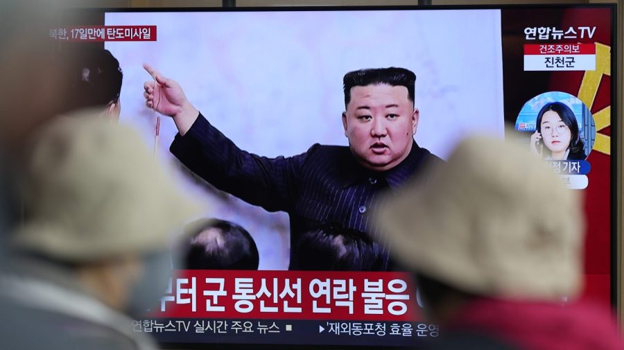 A TV screen is seen reporting North Korea's missile launch with a file image of North Korean leader Kim Jong Un during a news program at the Seoul Railway Station in Seoul, South Korea, Thursday, April 13, 2023. North Korea launched a ballistic missile that landed in the waters between the Korean Peninsula and Japan on Thursday, prompting Japan to order residents on an island to take shelter as a precaution. The order has been lifted. (AP Photo/Lee Jin-man)