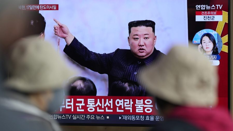 A TV screen is seen reporting North Korea's missile launch with a file image of North Korean leader Kim Jong Un during a news program at the Seoul Railway Station in Seoul, South Korea, Thursday, April 13, 2023. North Korea launched a ballistic missile that landed in the waters between the Korean Peninsula and Japan on Thursday, prompting Japan to order residents on an island to take shelter as a precaution. The order has been lifted. (AP Photo/Lee Jin-man)