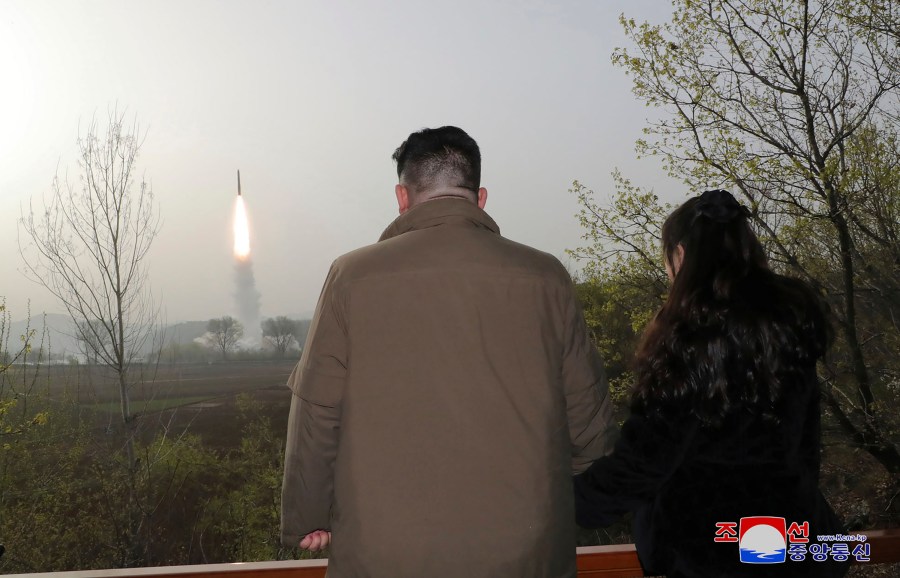 This photo provided April 14, 2023, by the North Korean government, shows North Korean leader Kim Jong Un, center, inspects what it says is the test-launch of Hwasong-18 intercontinental ballistic missile Thursday, April 13, 2023 at an undisclosed location, North Korea. Independent journalists were not given access to cover the event depicted in this image distributed by the North Korean government. The content of this image is as provided and cannot be independently verified. Korean language watermark on image as provided by source reads: "KCNA" which is the abbreviation for Korean Central News Agency. (Korean Central News Agency/Korea News Service via AP)