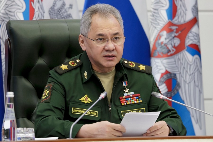 In this handout photo released by Russian Defense Ministry Press Service, Russian Defense Minister Sergei Shoigu speaks during a meeting with high level officers in Moscow, Russia, Friday, April 14, 2023. Shoigu announced that the entire Russian Pacific Fleet was put on high alert on Friday for snap drills that will involve practice missile launches in a massive show of force amid the tensions with the West over the fighting in Ukraine. (Russian Defense Ministry Press Service via AP)