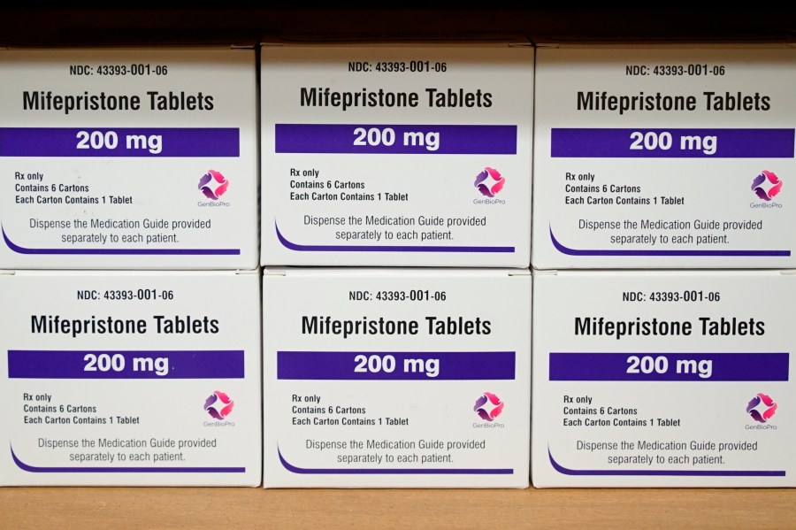 FILE - Boxes of the drug mifepristone sit on a shelf at the West Alabama Women's Center in Tuscaloosa, Ala., on March 16, 2022. Danco Laboratories is asking the Supreme Court to preserve access to its abortion pill free from restrictions imposed by lower court rulings, while a legal fight continues. (AP Photo/Allen G. Breed, File)