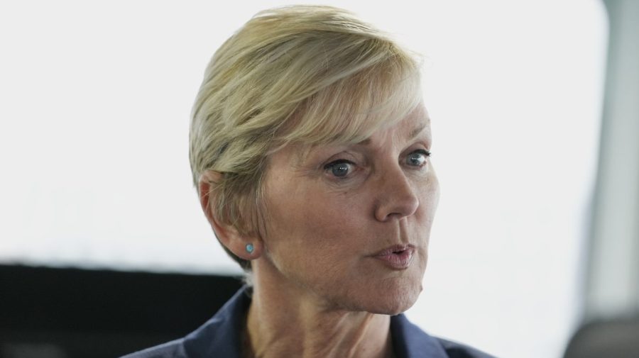 U.S. Energy Secretary Jennifer Granholm speaks during an interview with The Associated Press after touring a liquefied hydrogen carrier at a pier in Otaru, northern Japan, Friday, April 14, 2023. G-7 energy and environment ministers are meeting on the northern Japanese island of Hokkaido ahead of a summit next month. (AP Photo/Hiro Komae)