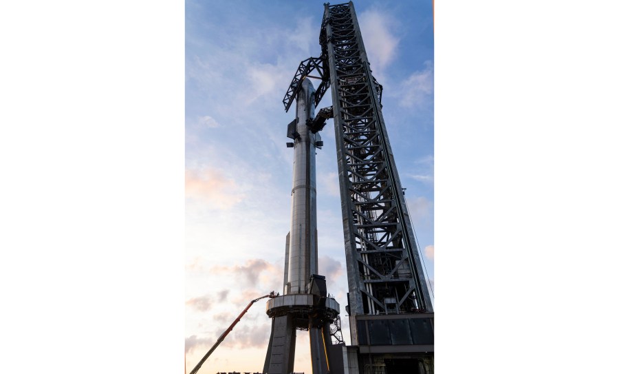 This photo provided by SpaceX shows the company's Starship rocket at the launch site in Boca Chica, Texas, on Wednesday, April 12, 2023. (SpaceX via AP)