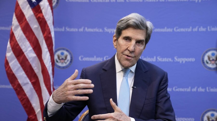 U.S. Special Presidential Envoy for Climate John Kerry speaks during an interview with The Associated Press at the U.S. Consulate General after the G-7 ministers' meeting on climate, energy and environment in Sapporo, northern Japan, Sunday, April 16, 2023. So much has been invested in clean energy that there can be no rolling back of moves to end carbon emissions, though much more needs to be done much faster to prevent the worst impacts of climate change, U.S. Presidential Envoy John Kerry said Sunday. (AP Photo/Hiro Komae)