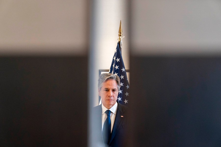 U.S. Secretary of State Antony Blinken waits behind closed doors before giving a joint statement with British Foreign Secretary James Cleverly on the situation in Sudan during a G7 Foreign Ministers' Meeting at The Prince Karuizawa hotel in Karuizawa, Japan, Monday, April 17, 2023. (AP Photo/Andrew Harnik, Pool)