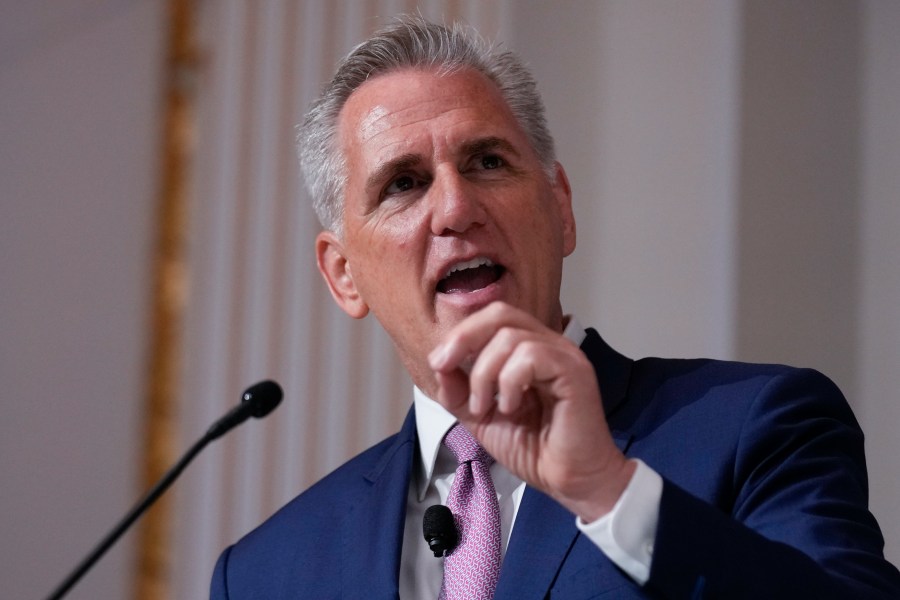 Speaker of the House Kevin McCarthy speaks during an event at the New York Stock Exchange in New York, Monday, April 17, 2023. (AP Photo/Seth Wenig)