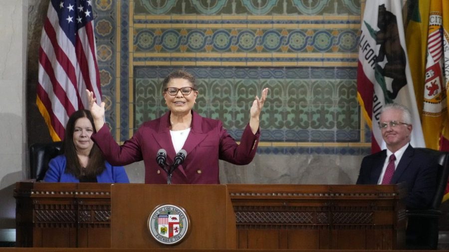 Los Angeles Mayor Karen Bass delivers her first State of the City address from City Hall in Los Angeles, Monday, April 17, 2023. (AP Photo/Damian Dovarganes)