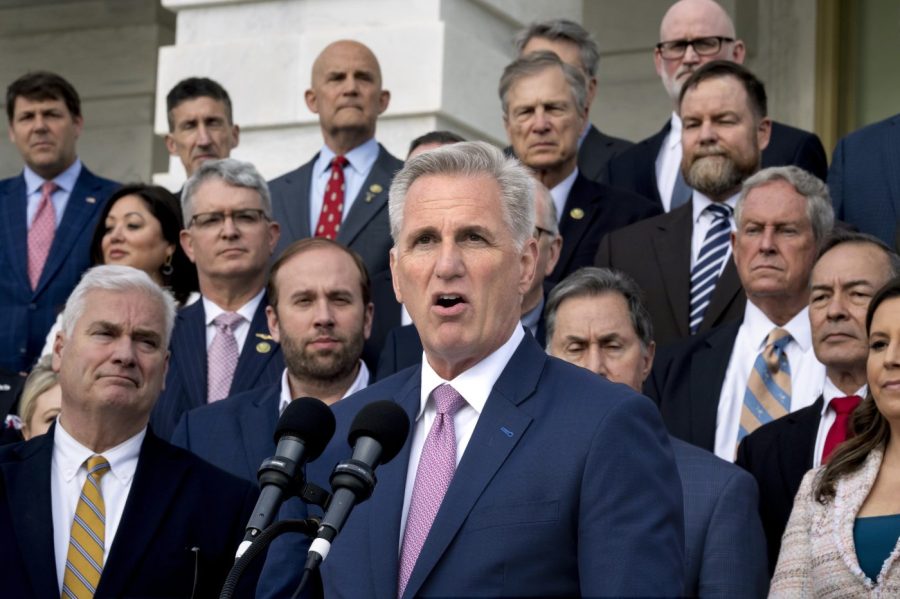 Speaker of the House Kevin McCarthy, R-Calif., holds an event to mark 100 days of the Republican majority in the House, at the Capitol in Washington, Monday, April 17, 2023. In a speech Monday at the New York Stock Exchange, the Republican leader accused President Joe Biden of refusing to engage in budget-cutting negotiations to prevent a debt crisis. (AP Photo/J. Scott Applewhite)