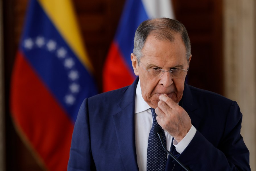 Russia's Foreign Minister Sergei Lavrov pauses during a press conference at the Foreign Ministry in Caracas, Venezuela, Tuesday, April 18, 2023. Lavrov began his tour of Latin America on Monday with a stop in Brazil. He will also visit Cuba and Nicaragua. (AP Photo/Jesus Vargas)