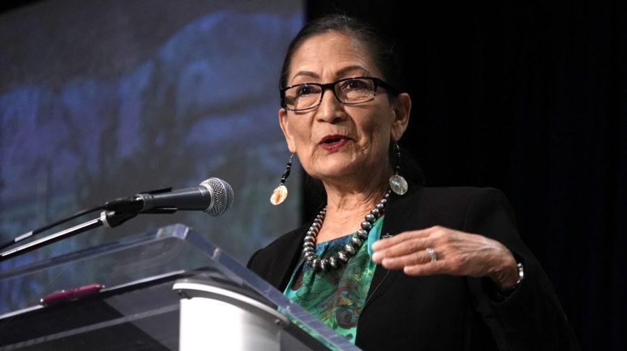 Interior Secretary Deb Haaland speaks at the Society of Environmental Journalists conference in Boise, Idaho, on Friday, April 21, 2023. (AP Photo/Brittany Peterson)