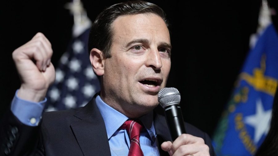 FILE - Nevada Republican Senate candidate Adam Laxalt speaksto supporters during an election night campaign event on Nov. 8, 2022, in Las Vegas. Former Nevada Attorney General Adam Laxalt will help lead a political action committee that is encouraging Florida Gov. Ron DeSantis to run for president. (AP Photo/John Locher, File)