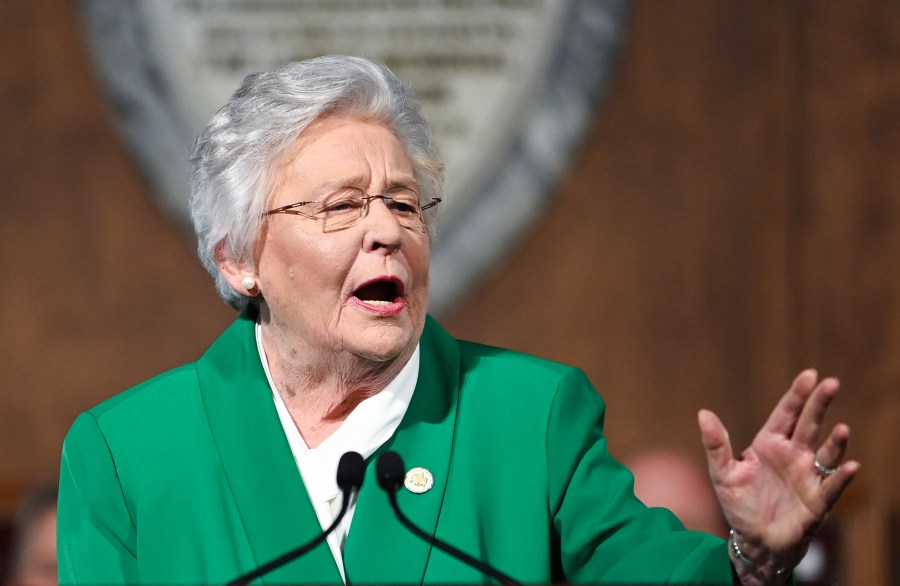 FILE - Alabama Gov. Kay Ivey delivers her State of the State address, Tuesday, March 7, 2023, in Montgomery, Ala. Alabama Gov. Kay Ivey on Friday, April 21, 2023 announced she replaced her director of early childhood education over the use of a teacher training book, written by a nationally recognized education group, that the Republican governor denounced as teaching “woke concepts" because of language about inclusion and structural racism.(AP Photo/Julie Bennett, File)