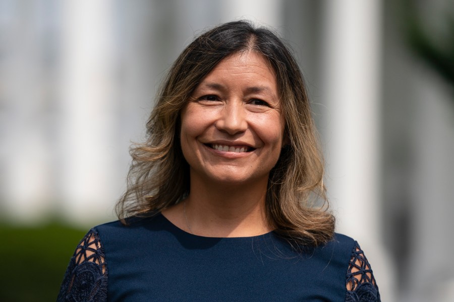 FILE - White House Intergovernmental Affairs director Julie Chavez Rodriguez stands outside the White House on June 9, 2021, in Washington. President Joe Biden is expected to tap Chavez Rodriguez, a senior White House adviser, to manage his reelection campaign, according to a person familiar with deliberations on the matter Sunday, April 23, 2023.(AP Photo/Evan Vucci, File)