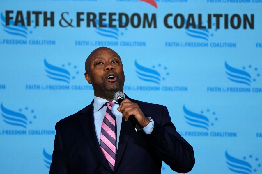 Sen. Tim Scott, R-S.C., speaks during the Iowa Faith and Freedom Coalition Spring Kick-Off Saturday, April 22, 2023, in Clive, Iowa.