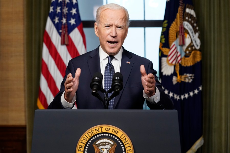 FILE - President Joe Biden speaks from the Treaty Room in the White House on April 14, 2021, about the withdrawal of the remainder of U.S. troops from Afghanistan. (AP Photo/Andrew Harnik, Pool, File)