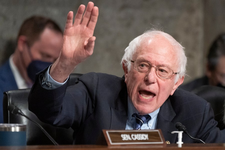 FILE - Senate Health, Education, Labor and Pensions Committee Chair Sen. Bernie Sanders, I-Vt., responds to another Senator's remarks during testimony by former Starbucks CEO Howard Schultz, Wednesday, March 29, 2023, on Capitol Hill in Washington. Sanders electrified the left with 2016 and 2020 presidential campaigns that centered on bold calls for universal, government-funded health care. But he lost each time to rivals aligned with the Democratic establishment who advocated for a more cautious approach. (AP Photo/Jacquelyn Martin, File)