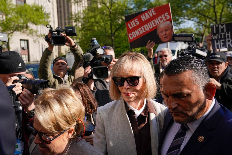 Former advice columnist E. Jean Carroll walks into Manhattan federal court on Tuesday, April 25, 2023, in New York. Jury selection is scheduled to begin in a trial over Carroll's claim that former President Donald Trump raped her nearly three decades ago in a department store dressing room. (AP Photo/Seth Wenig)