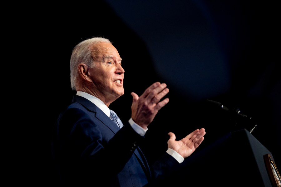 President Joe Biden speaks at the North America's Building Trades Union National Legislative Conference at the Washington Hilton in Washington, Tuesday, April 25, 2023. (AP Photo/Andrew Harnik)