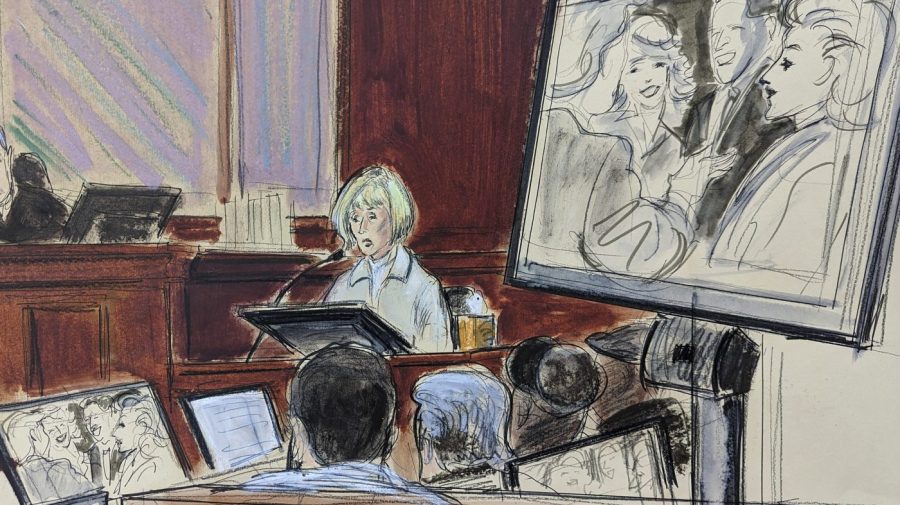 In this courtroom sketch, in Federal Court, in New York, Thursday, April 27, 2023, E. Jean Carroll, center, testifies on the witness stand as a photo of her and Donald Trump, along with his wife Ivana and Carroll's former husband, is shown on a screen. The photo was taken prior to the alleged assault. The jury is in the foreground. (AP Photo/Elizabeth Williams)