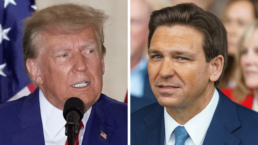 Former President Trump (left) speaks at his Mar-a-Lago estate. Florida Republican Gov. Ron DeSantis (right) sits with his family before addressing supporters at The Ronald Reagan Presidential Library.