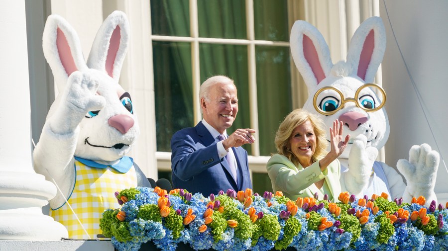 President Biden, first lady Jill Biden and the Easter Bunnies wave during the annual White House Easter Egg Roll